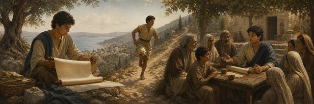 Timothy studying a blank scroll, training on a hillside path, and teaching an intergenerational gathering